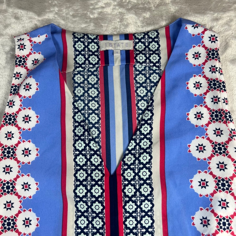 1.STATE Women S Tank Top Blue Geometric Scarf Hem Sleeveless V-Neck